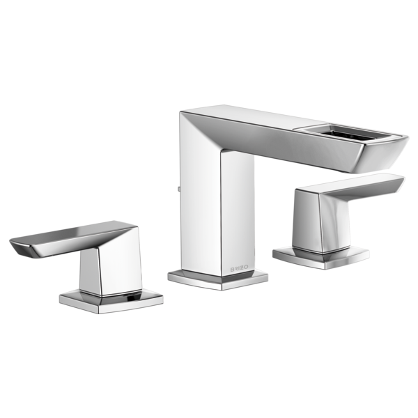 Chrome and white widespread lavatory faucet with three pieces including tall center spout and two side handles.