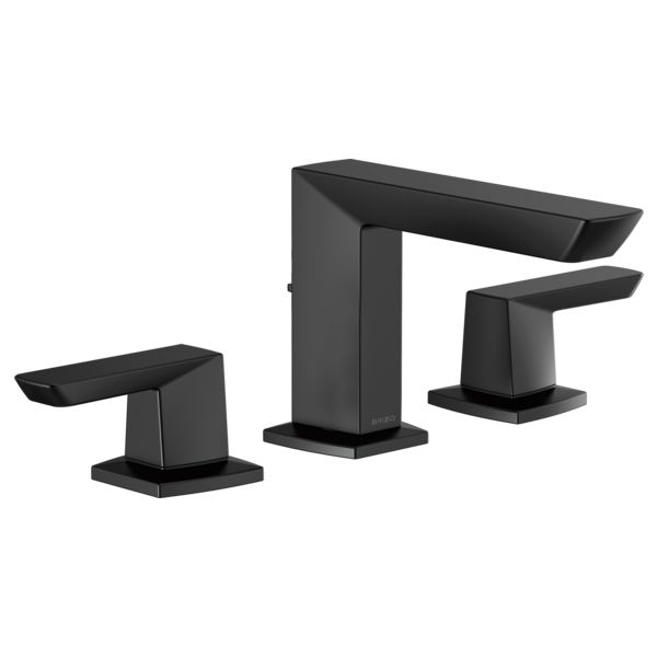 Black three-piece widespread bathroom faucet with angular spout and handles on square bases.