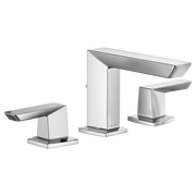 Chrome widespread lavatory faucet with three handles, tall center spout, and square tapered bodies.