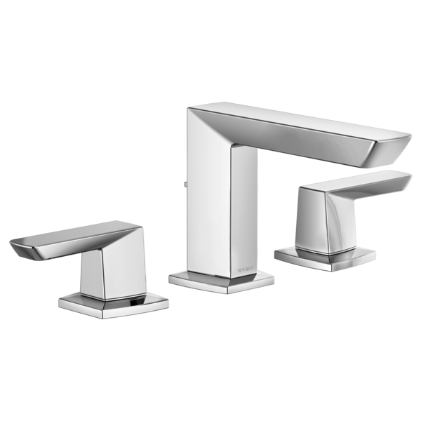 Chrome widespread lavatory faucet with three handles, tall center spout, and square tapered bodies.