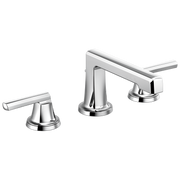 Chrome widespread lavatory faucet with low spout and two lever handles on circular bases.