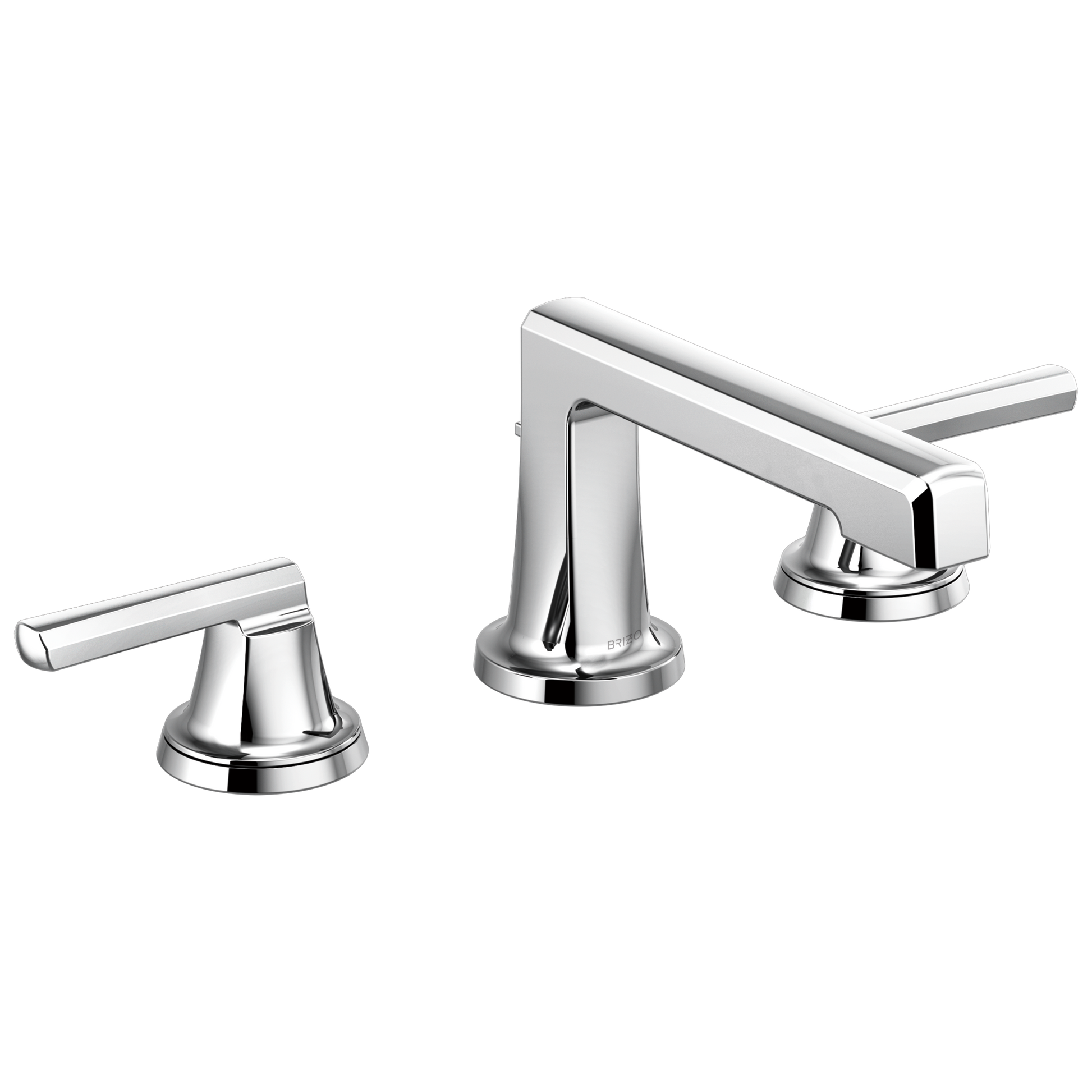 Chrome widespread lavatory faucet with low spout and two lever handles on circular bases.