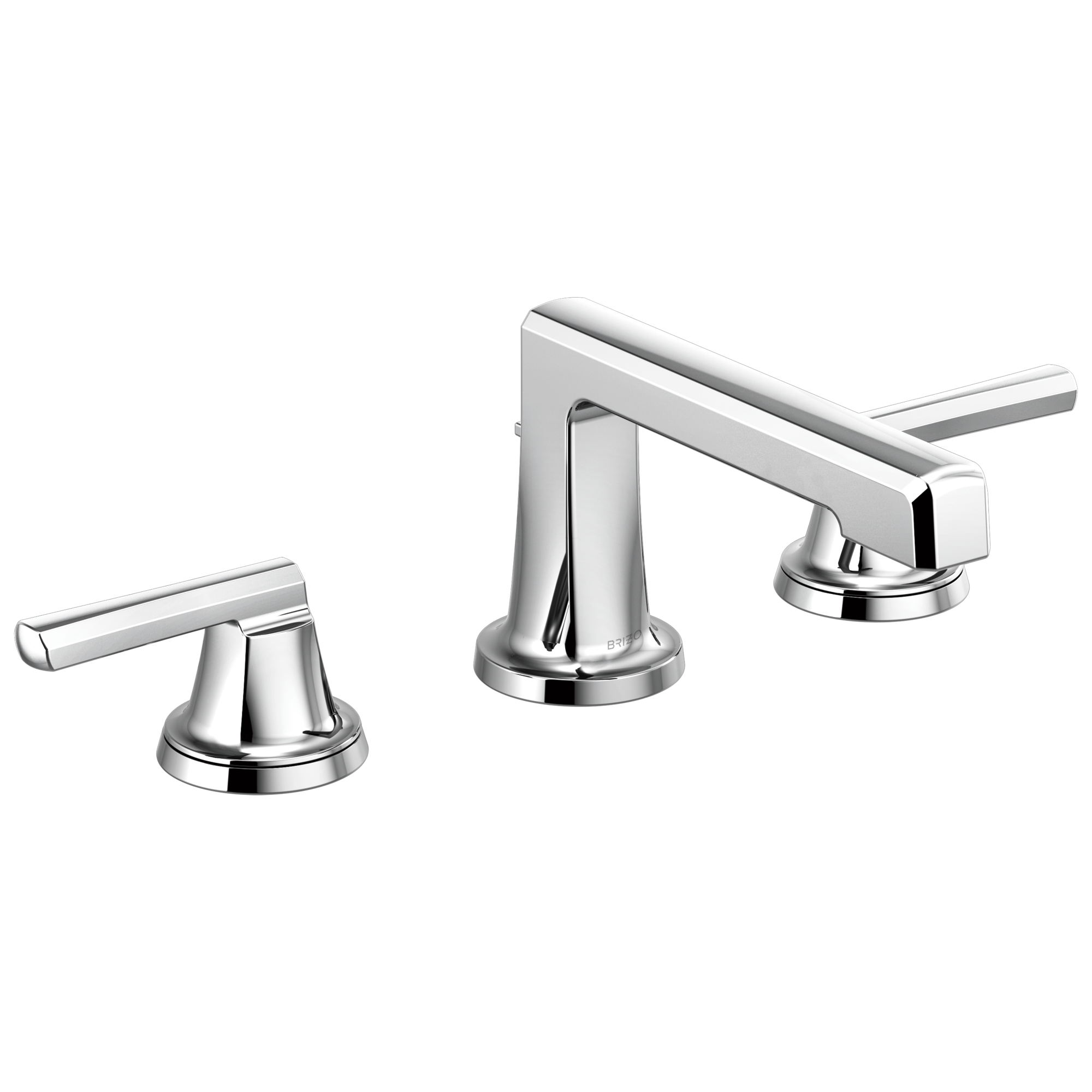 Chrome widespread lavatory faucet with low spout and two lever handles on circular bases.
