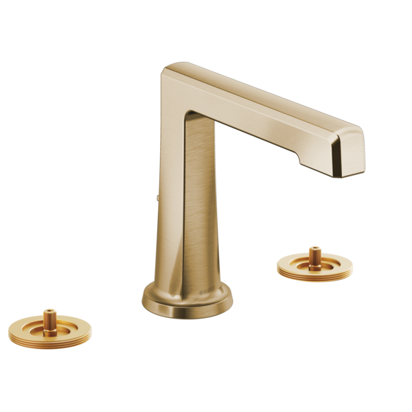 Brizo Levoir brushed gold widespread lavatory faucet with high spout and two circular valve handles.