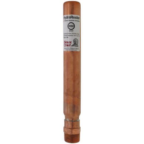 Copper water hammer arrester with threaded male inlet connection and product label.
