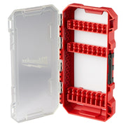 Red Milwaukee compact case with clear lid, open to show three rows of red storage compartments for accessories.