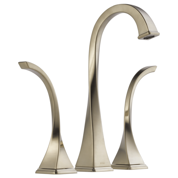 Brushed nickel widespread lavatory faucet with curved spout and two lever handles on square bases.