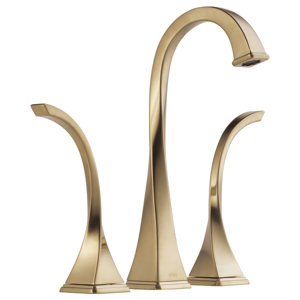 Champagne bronze widespread lavatory faucet with curved spout and two matching curved handles on square bases.