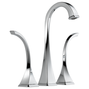 Chrome widespread vessel faucet with tall curved spout and two curved lever handles on square bases.