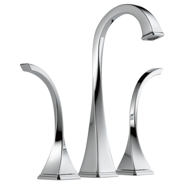 Chrome widespread vessel faucet with tall curved spout and two curved lever handles on square bases.
