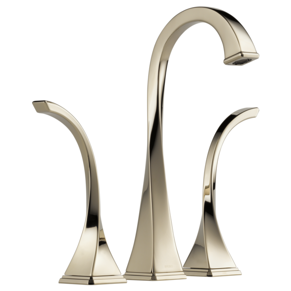 Polished nickel widespread lavatory faucet with high arching spout and two curved side handles.