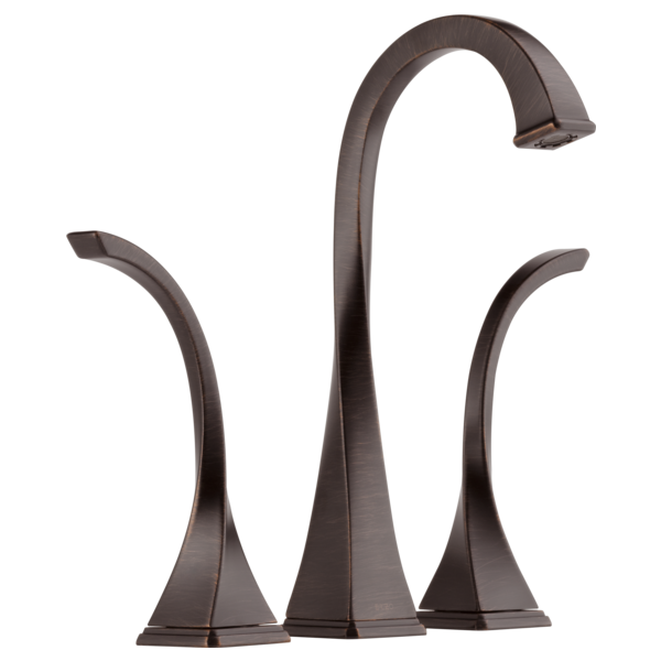 Widespread bathroom faucet with tall arched spout and two curved side handles in dark bronze finish.