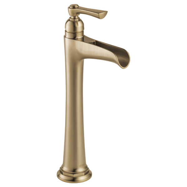 Brushed gold single-handle bathroom faucet with tall cylindrical body and curved channel spout.