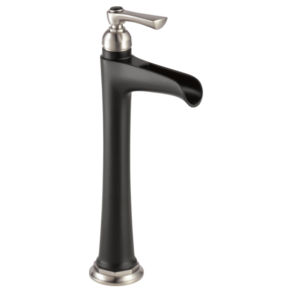 Black and brushed nickel single-handle vessel faucet with tall spout and lever handle.
