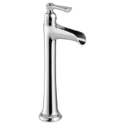 Chrome single-handle vessel faucet with tall cylindrical body, lever handle, and curved channel spout.
