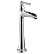 Chrome single-handle vessel faucet with tall cylindrical body and curved channel spout.
