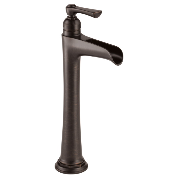 Dark bronze single-handle vessel faucet with tall spout and channel-shaped waterfall outlet.