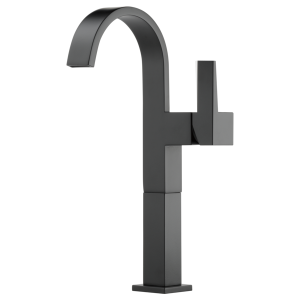 Matte black single-handle bathroom faucet with curved spout and tall square base.