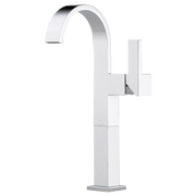 Chrome single-handle bathroom faucet with curved spout and square base for vessel sinks.