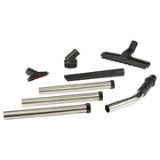 Black and stainless steel dust extraction cleaning set with multiple nozzle attachments and metal extension tubes.