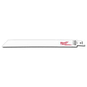Milwaukee 12-inch SAWZALL reciprocating saw blade with serrated cutting edge and mounting hole.
