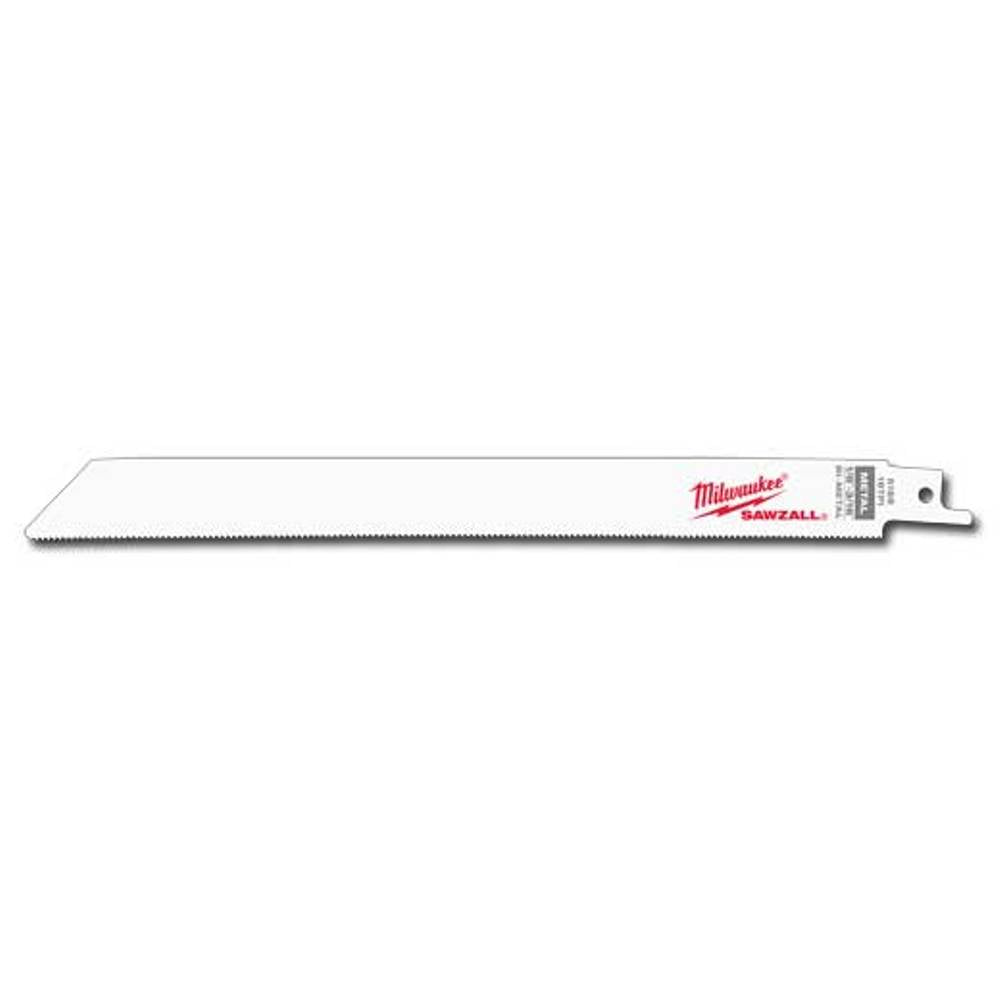Milwaukee 12-inch SAWZALL reciprocating saw blade with serrated cutting edge and mounting hole.