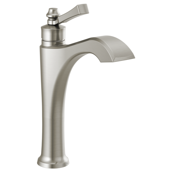 Brushed nickel single-handle vessel faucet with curved spout and lever handle for bathroom sink.