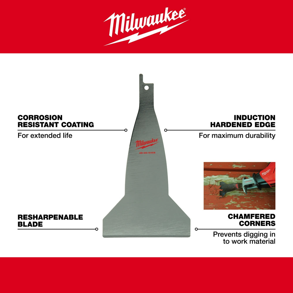 Gray Milwaukee scraper tool with induction hardened edge and corrosion resistant coating displayed against white background w