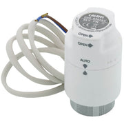 Caleffi 656344 white thermostatic actuator with attached coiled cable and control buttons.