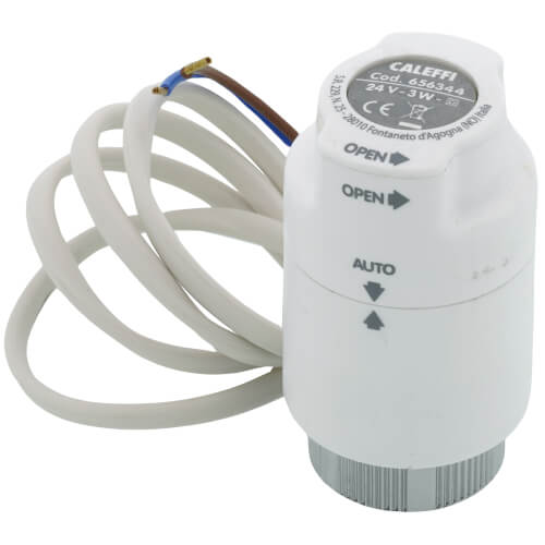 Caleffi 656344 white thermostatic actuator with attached coiled cable and control buttons.