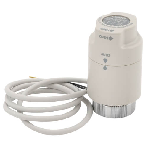 White cylindrical actuator with OPEN and AUTO controls, attached coiled cable with wires, metal base connector.