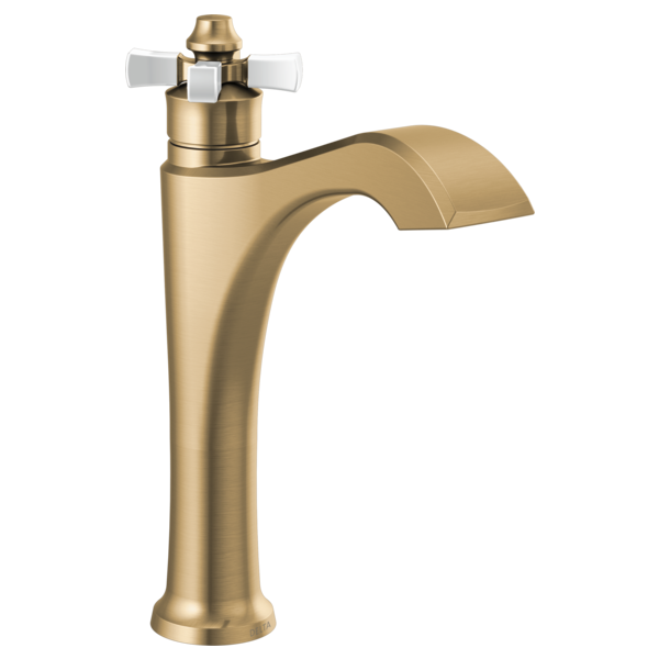 Brass vessel faucet with curved spout and white cross handles on tall cylindrical body.