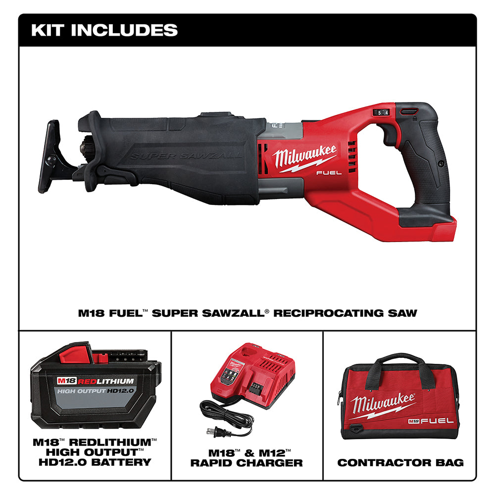 Milwaukee M18 FUEL red and black reciprocating saw with battery, charger, and contractor bag.