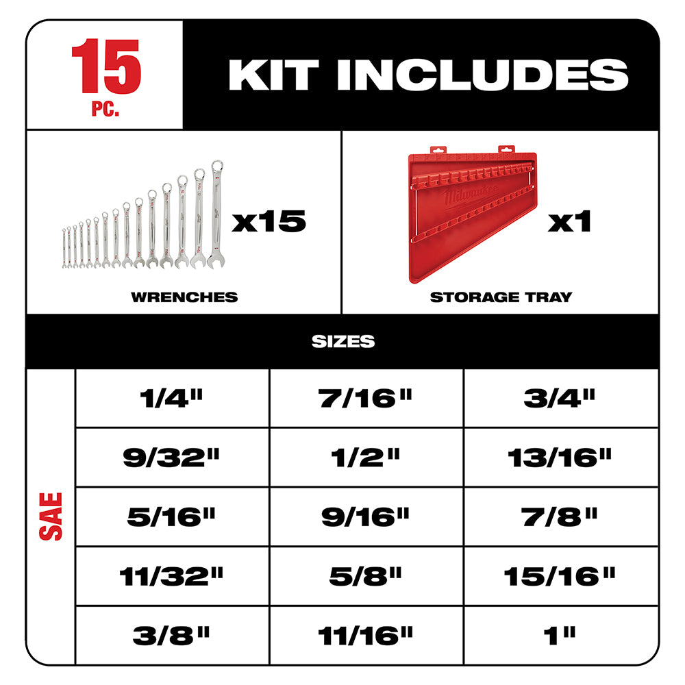 Fifteen SAE combination wrenches arranged in graduated sizes from 1/4" to 1" with red storage tray.