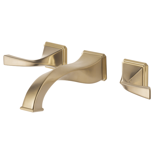 Champagne bronze wall-mount faucet with curved spout and two lever handles on square backplates.