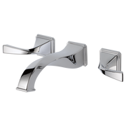 Chrome wall-mount faucet with curved spout and two lever handles positioned on either side.