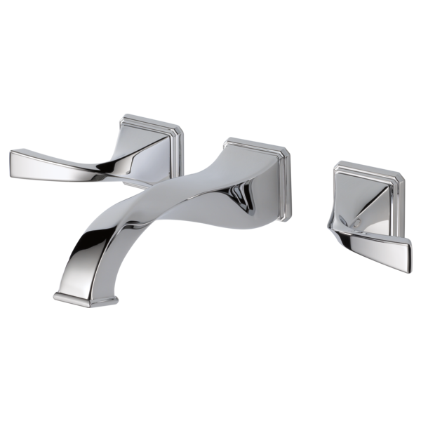 Chrome wall-mount faucet with curved spout and two lever handles positioned on either side.