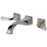 Polished nickel wall-mount bathroom faucet with curved spout and two lever handles.