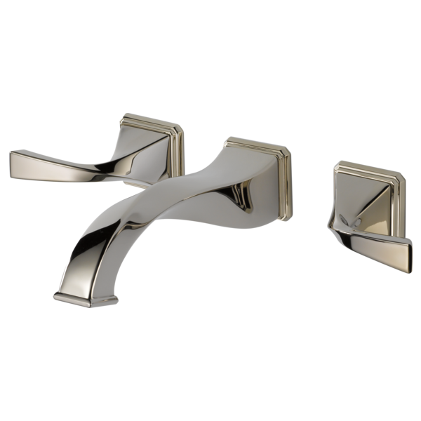 Polished nickel wall-mount bathroom faucet with curved spout and two lever handles.