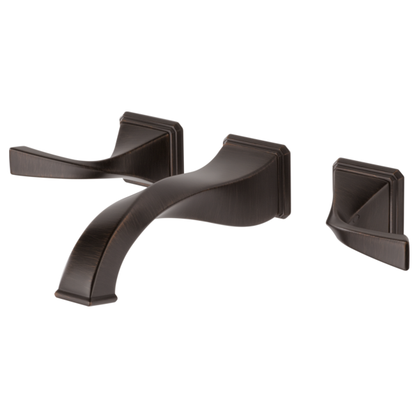 Bronze two-handle wall-mount bathroom faucet with curved spout and rectangular handle grips.