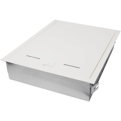 White rectangular manifold housing box with recessed top and side mounting brackets.