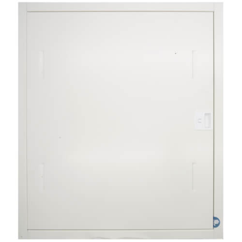 White rectangular manifold housing box with recessed door and blue latch on lower right corner.