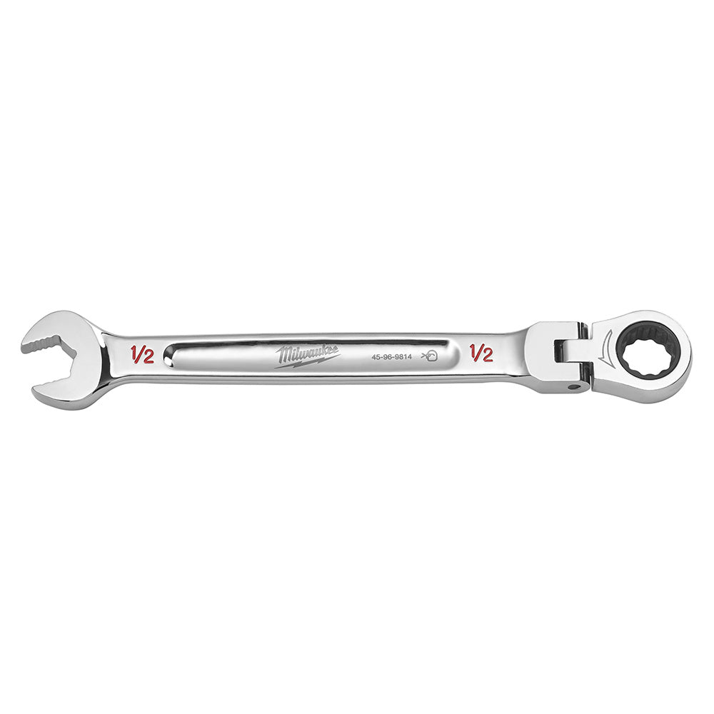 Chrome combination wrench with open end on left and flex ratcheting head on right, marked 1/2 inch.