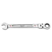 Chrome combination wrench with open end on left and flex ratcheting head on right, marked 1/2 inch.