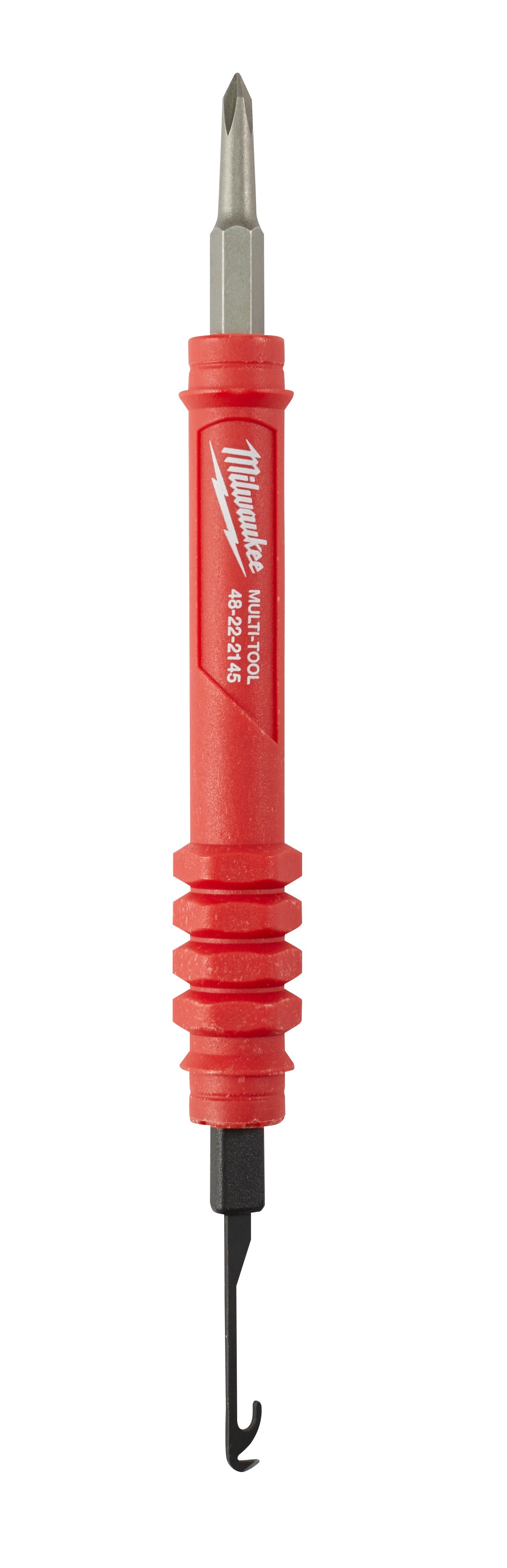 Red multi-tool with metal pick bit at top, segmented handle, and black hook attachment at bottom.