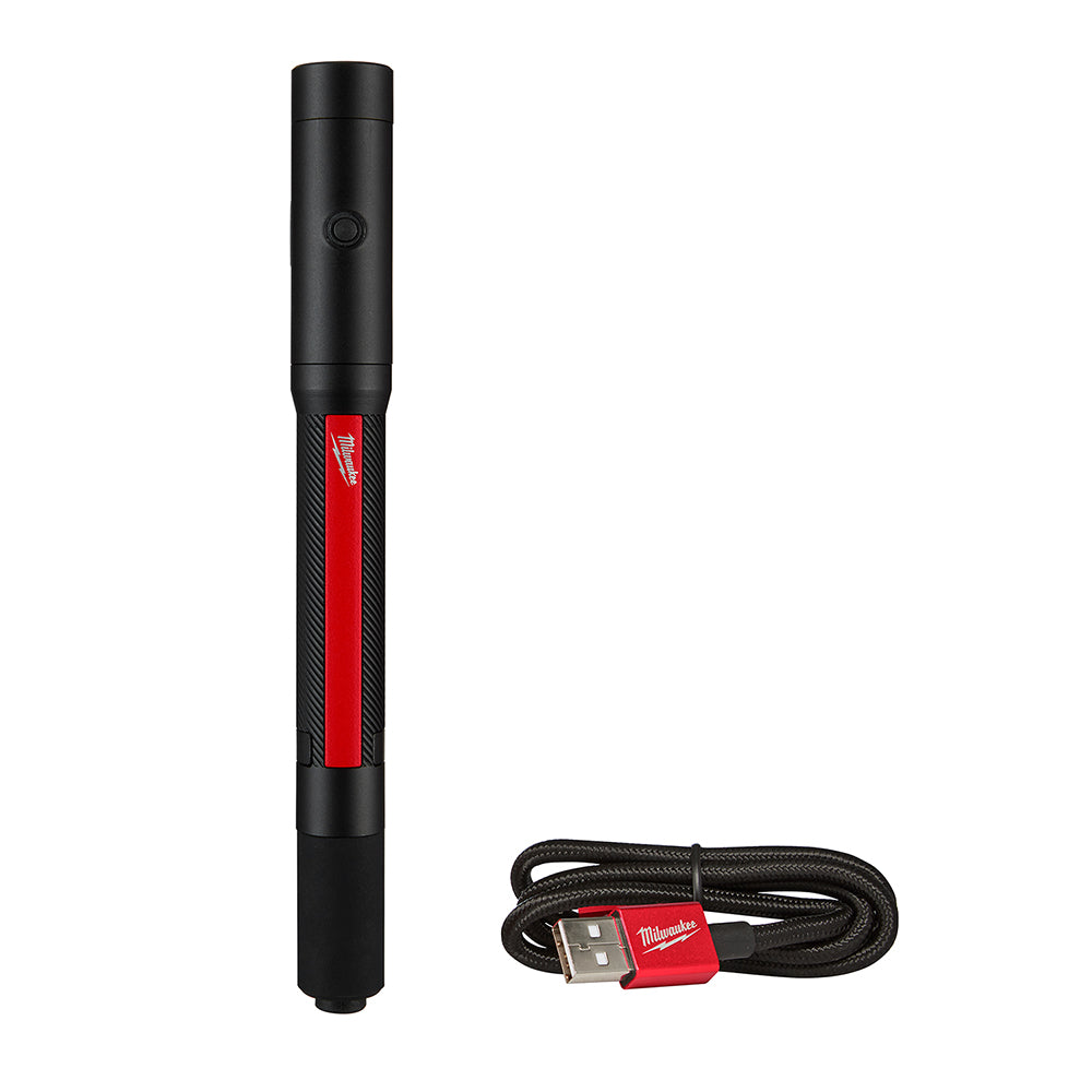 Black and red Milwaukee rechargeable penlight with control button and USB charging cable included.