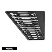 Eleven metric combination wrenches in black carrying case with open and closed ends.