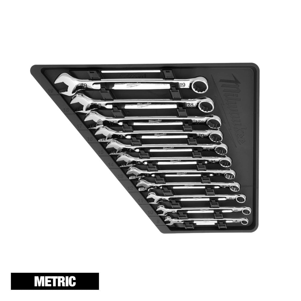 Eleven metric combination wrenches in black carrying case with open and closed ends.