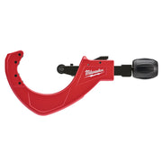 Red and black Milwaukee tubing cutter with curved cutting head and adjustable knob on handle.