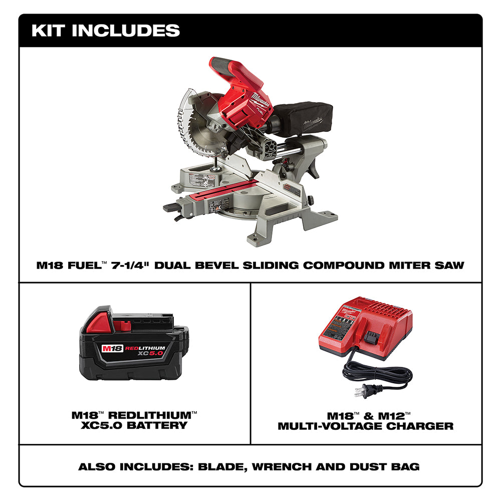 Red and gray Milwaukee M18 FUEL dual bevel sliding compound miter saw with 7-1/4 inch blade, battery, and charger.